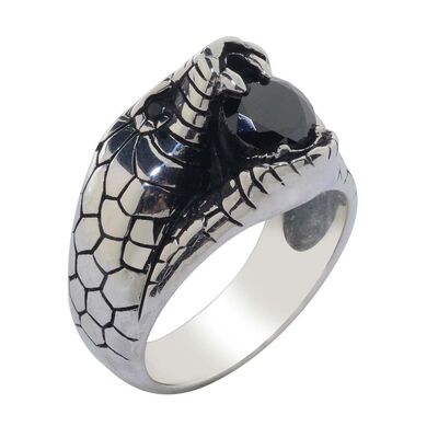 3D Snake Head Silver Men's Ring with Black Stone - 1