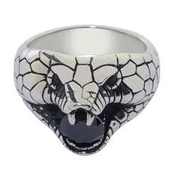 3D Snake Head Silver Men's Ring with Black Stone - 2