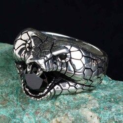 3D Snake Head Silver Men's Ring with Black Stone - 5