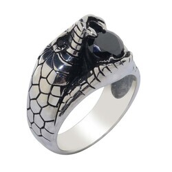 3D Snake Head Silver Men's Ring with Black Stone - 6