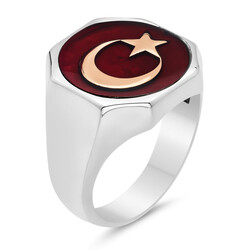 925 Ayar Gümüş Erkek Kırmızı Mine Ay Yıldızlı Yüzük - Anı Yüzük