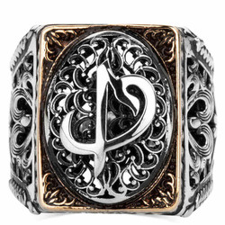 925 Sterling Silver Arabic Letters E & V Mens Ring - 2