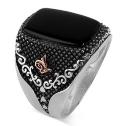 925 Sterling Silver Black Onyx Ring with Tughra on sides - 1
