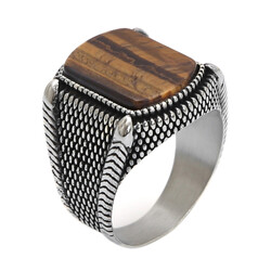 925 Sterling Silver Brown Tiger Eye Stone Mens Ring 