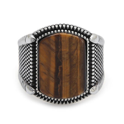 925 Sterling Silver Brown Tiger Eye Stone Mens Ring - 3