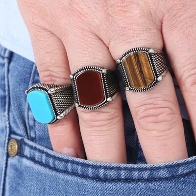 925 Sterling Silver Claret Red Agate Stone Mens Ring - 6