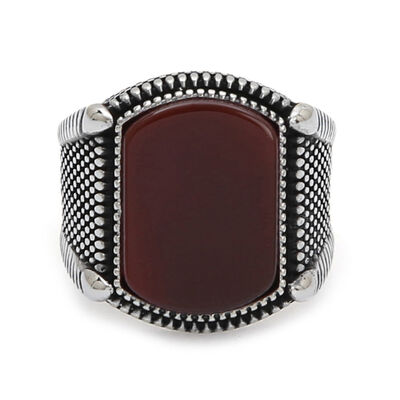 925 Sterling Silver Claret Red Agate Stone Mens Ring - 2