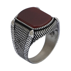 925 Sterling Silver Claret Red Agate Stone Mens Ring - 1