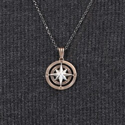 925 Sterling Silver Compass Mens Necklace with Bronze-Silver Chain Model2 - 2