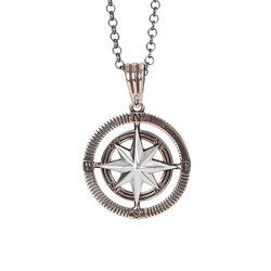 925 Sterling Silver Compass Mens Necklace with Bronze-Silver Chain Model2 