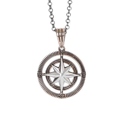 925 Sterling Silver Compass Mens Necklace with Bronze-Silver Chain Model2 - 1