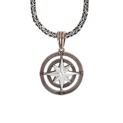925 Sterling Silver Compass Mens Necklace with Bronze-Silver King Chain 