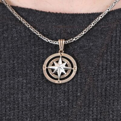 925 Sterling Silver Compass Mens Necklace with Bronze-Silver King Chain - 2