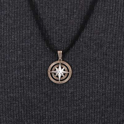 925 Sterling Silver Compass Mens Necklace with Bronze-Silver Leather Cord - 2