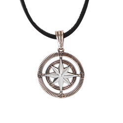 925 Sterling Silver Compass Mens Necklace with Bronze-Silver Leather Cord - 1
