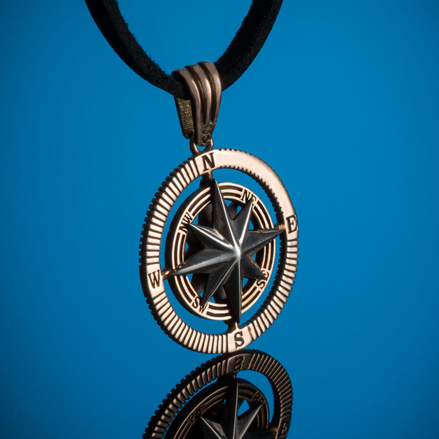 925 Sterling Silver Compass Mens Necklace with Bronze Silver Leather Cord
