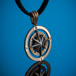 925 Sterling Silver Compass Mens Necklace with Bronze-Silver Leather Cord - 3