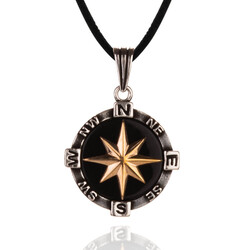 925 Sterling Silver Compass Necklace with Leather Cord 