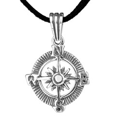 925 Sterling Silver Compass Pendant Necklace (Leather Cord) - 1