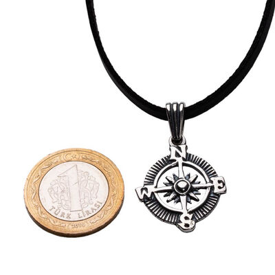925 Sterling Silver Compass Pendant Necklace (Leather Cord) - 4