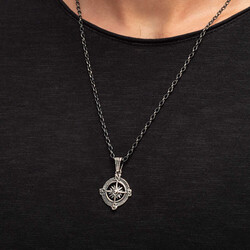925 Sterling Silver Compass Pendant Necklace (Thick Chain) - 3