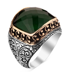 925 Sterling Silver Inlaid Mens Ring with Green Zircon Stone 