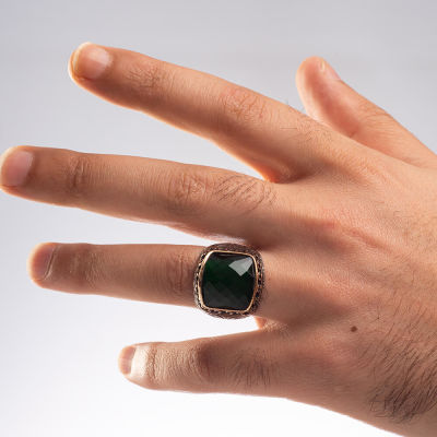 925 Sterling Silver Inlaid Mens Ring with Green Zircon Stone - 4