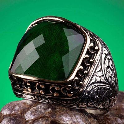 925 Sterling Silver Inlaid Mens Ring with Green Zircon Stone - 5