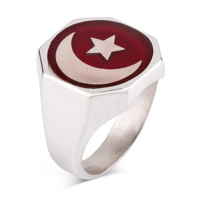 925 Sterling Silver Men's Red Enamel Moon Star Diagonal Malcolm X Ring - 1