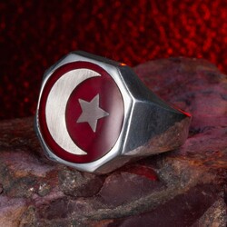 925 Sterling Silver Men's Red Enamel Moon Star Diagonal Malcolm X Ring - 5