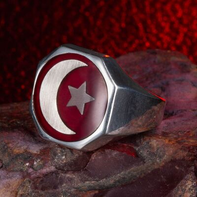 925 Sterling Silver Men's Red Enamel Moon Star Diagonal Malcolm X Ring - 5