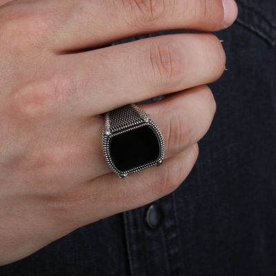 925 Sterling Silver Mens Ring with Black Onyx Stone - 4