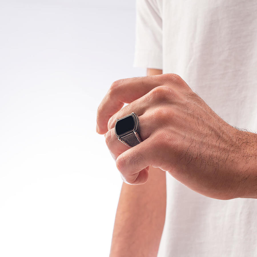 925 Sterling Silver Mens Ring with Black Onyx Stone