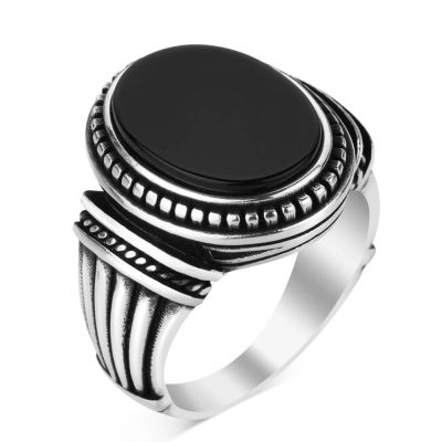 925 Sterling Silver Mens Ring with Black Oval Onyx Stone - 2