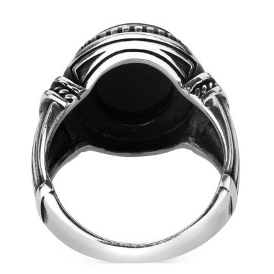925 Sterling Silver Mens Ring with Black Oval Onyx Stone - 4