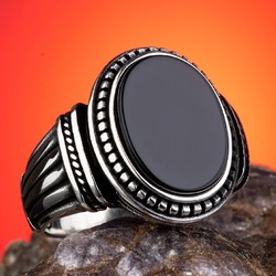 925 Sterling Silver Mens Ring with Black Oval Onyx Stone - 1