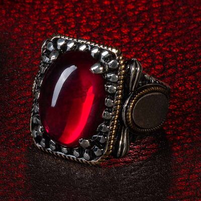 925 Sterling Silver Men's Ring With Dot Embroidered Red Zircon Stone Edge Lettering Area - 7
