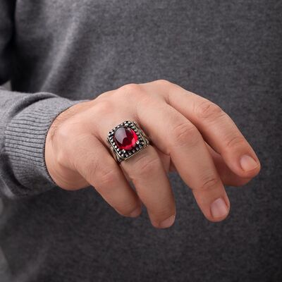 925 Sterling Silver Men's Ring With Dot Embroidered Red Zircon Stone Edge Lettering Area - 6