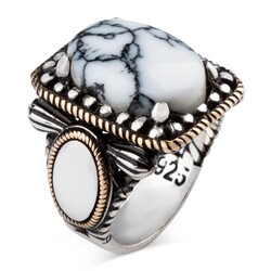 925 Sterling Silver Men's Ring With Dot Embroidered White Turquoise Stone Edge Lettering Area - 1