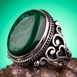 925 Sterling Silver Mens Ring with Malachite Stone - 1