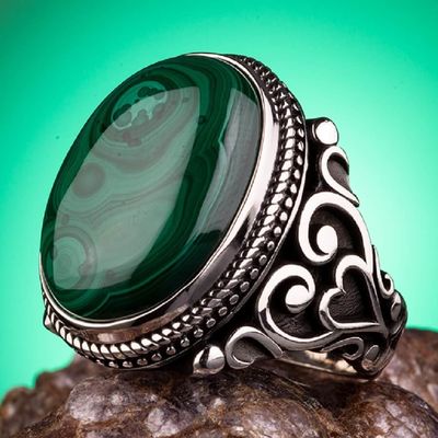 925 Sterling Silver Mens Ring with Malachite Stone - 1