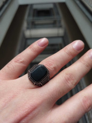 925 Sterling Silver Mens Ring with Tetragonal Onyx Stone - 6