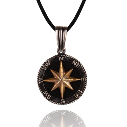 925 Sterling Silver Northern Star Compass Necklace with Leather Cord 
