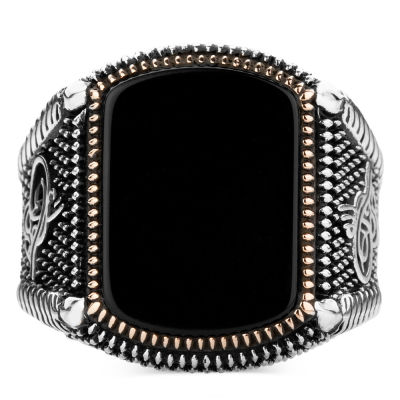 925 Sterling Silver Ottoman Tughra Mens Ring with Black Onyx Stone - 3