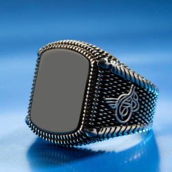 925 Sterling Silver Ottoman Tughra Mens Ring with Black Onyx Stone - 1