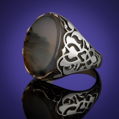 925 Sterling Silver Patterned Stone Silver Men's Ring - 5