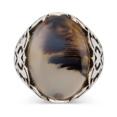 925 Sterling Silver Patterned Stone Silver Men's Ring - 2