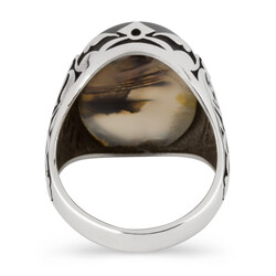 925 Sterling Silver Patterned Stone Silver Men's Ring - 3