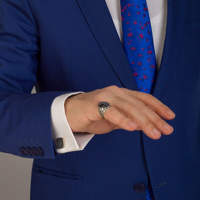 925 Sterling Silver Patterned Stone Silver Men's Ring - 4