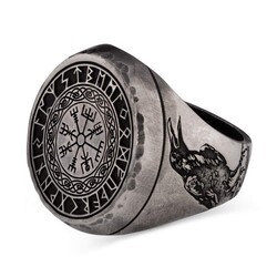 925 Sterling Silver Raven Motif Men's Viking Ring - 6